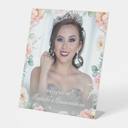 Rosa goldfarbenes Foto Quinceñera Begrüßungszeiche Sockelschild (Vorderseite)