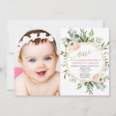 Rosa goldfarbenes Grün elegant Mädchen 1. Geburtst Einladung (Vorderseite)