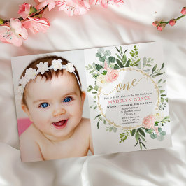 Rosa goldfarbenes Grün elegant Mädchen 1. Geburtst Einladung