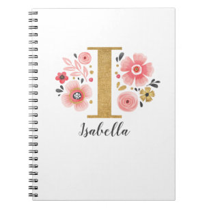 Rosa Goldfloral Monogramm Letter I Notizblock