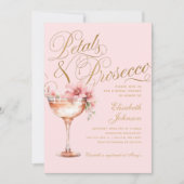 Rosa Goldfloralen-Petalen und Prosecco-Brautparty Einladung (Vorderseite)