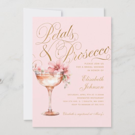 Rosa Goldfloralen-Petalen und Prosecco-Brautparty Einladung (Vorderseite)