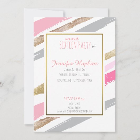 Rosa, goldgelb und grau gestreifte Party Einladung (Vorderseite)