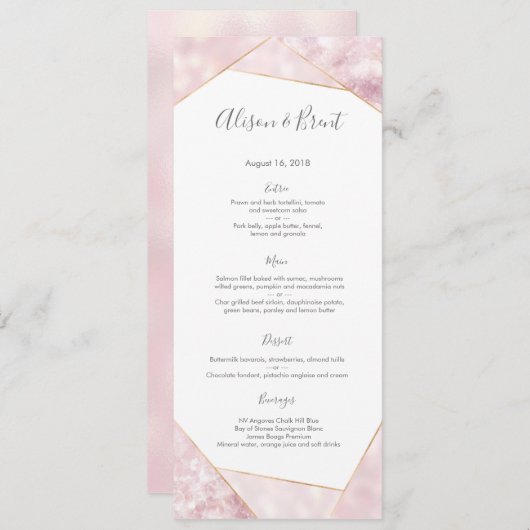 Rosa Goldgeometrische Hochzeits-Menü-oder Menükarte (Vorne/Hinten)