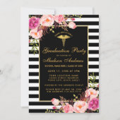 Rosa goldgestreifte medizinische Grad-Party Einlad Einladung (Vorderseite)