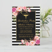 Rosa goldgestreifte medizinische Grad-Party Einlad Einladung (Stehend Vorderseite)