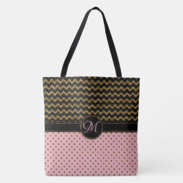 Rosa GoldGlitzer-Schwarz-Zickzack mit Monogramm Tasche