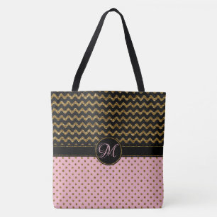 Rosa GoldGlitzer-Schwarz-Zickzack mit Monogramm Tasche