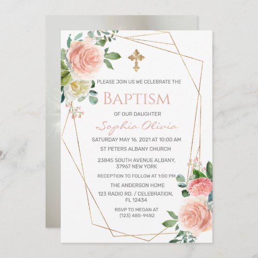 Rosa Goldgrün Eukalyptus Girl Taufe Einladung (Vorne/Hinten)