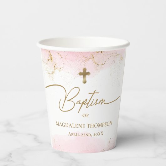 Rosa Goldkreuz Name Girl Baptisse Pappbecher (Rückseite)