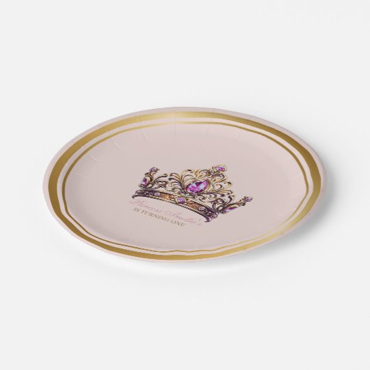 Rosa Goldkrone Prinzessin 1. Geburtstag Pappteller (Schrägansicht)