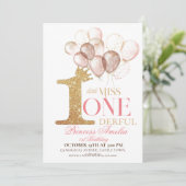 Rosa Goldkronenballons 1. Geburtstag Einladung (Stehend Vorderseite)