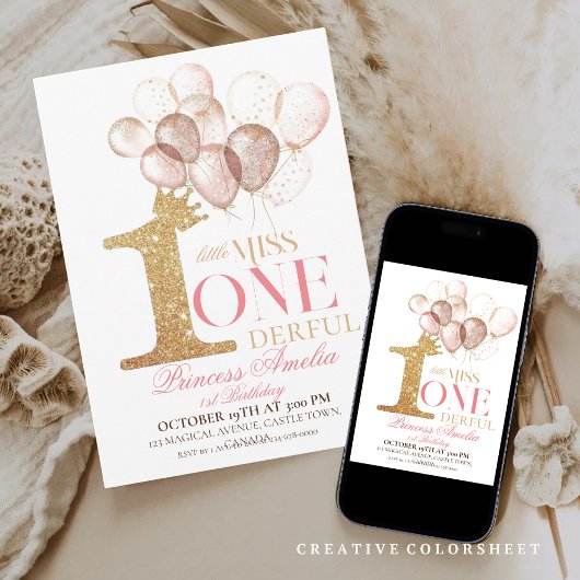 Rosa Goldkronenballons 1. Geburtstag Einladung