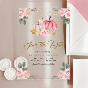 Rosa Goldkürbis Blumen Hochzeit Save the Date Acryleinladungen