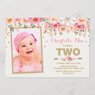 Rosa Goldladen blumenDreamcatcher 2. Geburtstag Einladung