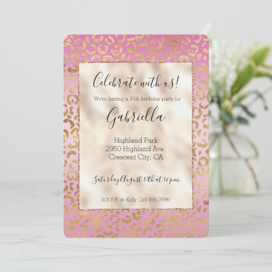 Rosa Goldleopard Einladung (Stehend Vorderseite)