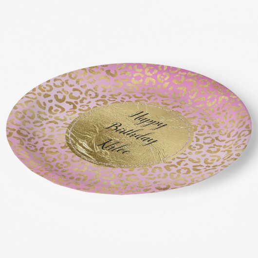 Rosa Goldleopard Pappteller (Schrägansicht)