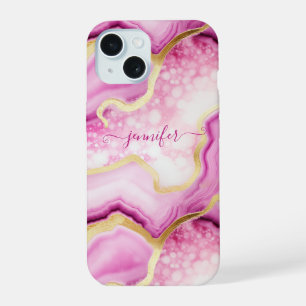 Rosa Goldmarmor-Achat-Geode mit Monogramm Chic iPhone 15 Hülle