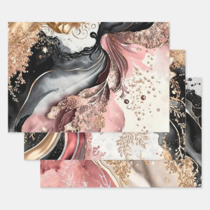 Rosa Goldmarmor-Blumen-Glitter-Abstrakt-Design Geschenkpapier Set
