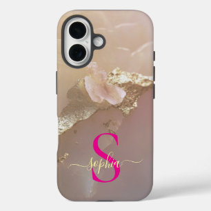 Rosa Goldmarmor Gold Glitter Monogramm iPhone 16 Hülle