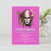 Rosa Goldmasquerade quinceanera Geburtstag elegant Einladung (Stehend Vorderseite)