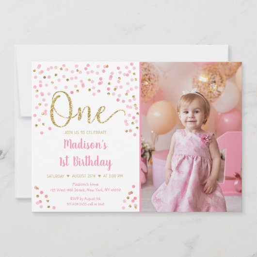 Rosa Goldmedaille Confetti Wasserfarbe Erstgeburts Einladung (Vorderseite)