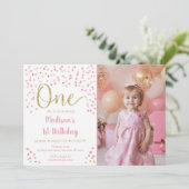 Rosa Goldmedaille Confetti Wasserfarbe Erstgeburts Einladung (Stehend Vorderseite)