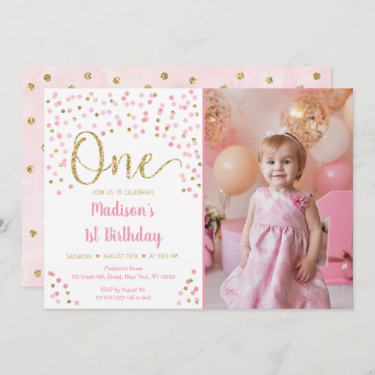 Rosa Goldmedaille Confetti Wasserfarbe Erstgeburts Einladung (Vorne/Hinten)