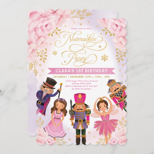 Rosa GoldNutcracker Party Winter Floral Geburtstag Einladung (Vorne/Hinten)
