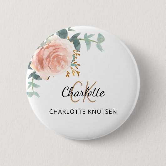 Rosa Goldrosen-Blüten-Eukalyptus-Dankeschön Button (Vorderseite)