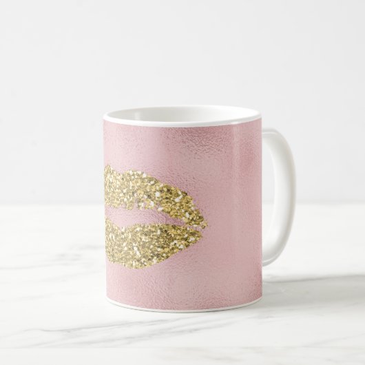 Rosa Goldschillernde Kuss-Lippen Kaffeetasse (VorderseiteRechts)
