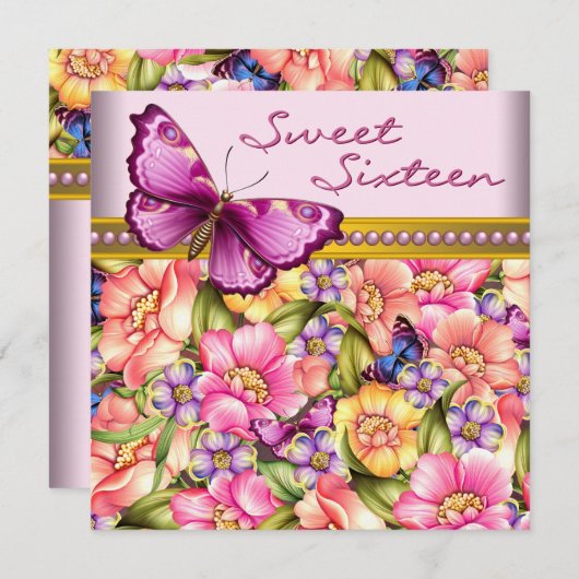 Rosa Goldschmetterling Pink Gold Sweet 16 Geburtst Einladung (Vorne/Hinten)
