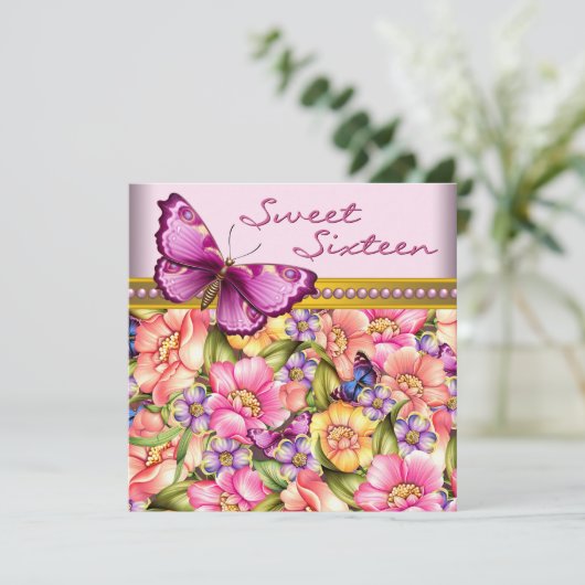 Rosa Goldschmetterling Pink Gold Sweet 16 Geburtst Einladung (Stehend Vorderseite)