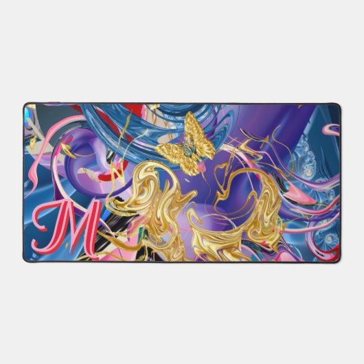 Rosa Goldschmetterling Swirl Monogramm flüssig Abs Schreibtischunterlage (Vorderseite)