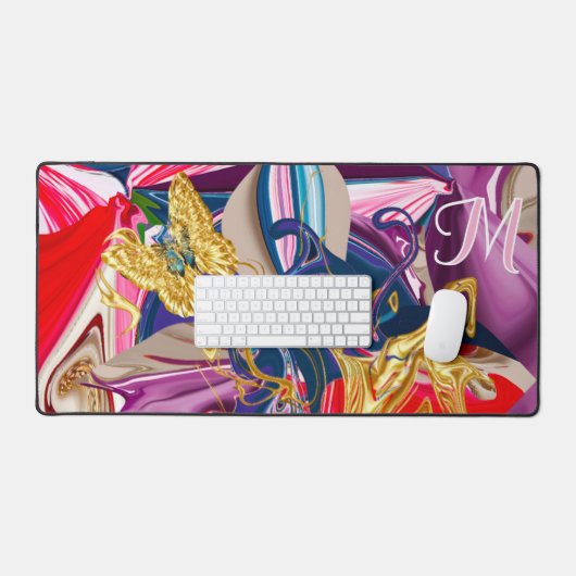 Rosa Goldschmetterling Swirl Monogramm flüssig Abs Schreibtischunterlage (Tastatur & Maus)