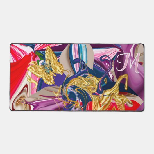 Rosa Goldschmetterling Swirl Monogramm flüssig Abs Schreibtischunterlage (Vorderseite)