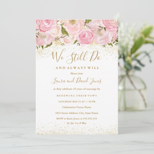 Rosa Goldsparkle-Rose Hochzeitstag Einladung (Stehend Vorderseite)