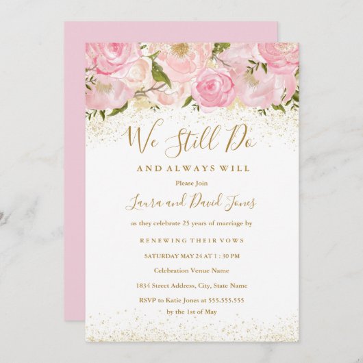 Rosa Goldsparkle-Rose Hochzeitstag Einladung (Vorne/Hinten)