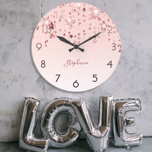 Rosa Goldsterne glänzen Monogramm Große Wanduhr