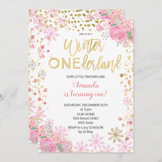 Rosa Goldwinter ONEderland Schnee-Geburtstag laden Einladung (Vorne/Hinten)