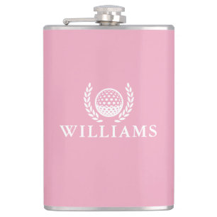 Rosa Golfball mit individuellem Namen und Monogram Flachmann