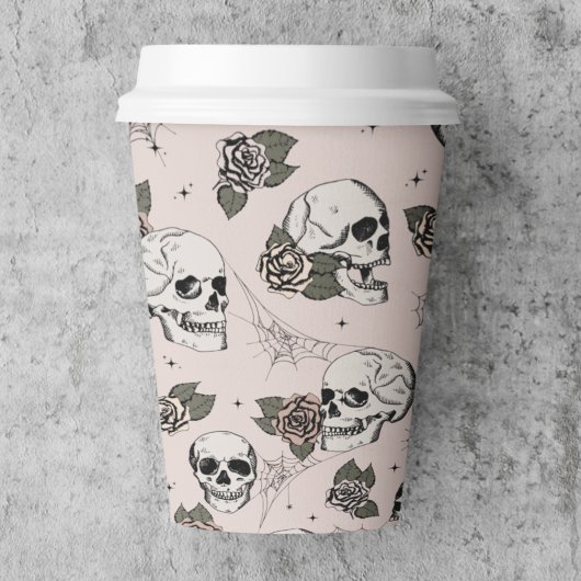 Rosa Gothic Skulls und Rose Halloween Pappbecher