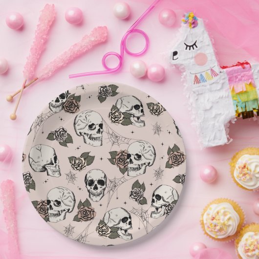 Rosa Gothic Skulls und Rose Halloween Pappteller (Party)