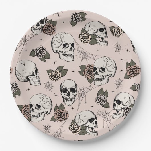 Rosa Gothic Skulls und Rose Halloween Pappteller (Vorderseite)