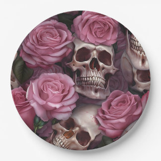 Rosa gotische Partyartikel Totenkopf Blumen Vintag Pappteller