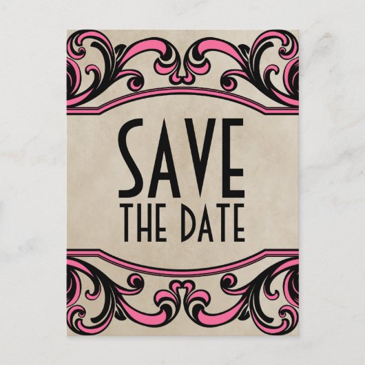 Rosa Gotische Wirbel Save the Date Postkarte (Vorderseite)