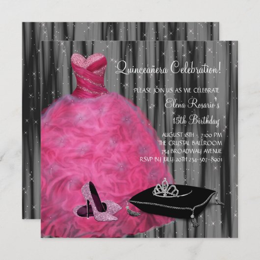 Rosa Gown High Heel Shoes Hot Pink Quinceanera Einladung (Vorne/Hinten)