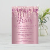 Rosa Gradienten Rose Gold Glitzer Tropfen Sweet 17 Einladung (Stehend Vorderseite)