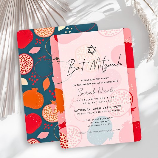 Rosa Granatapfel-Muster Bat Mitzvah Einladung