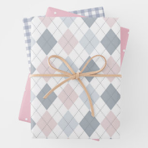 Rosa Grau Argyle Punkte Gingham Karo - Babyparty Geschenkpapier Set
